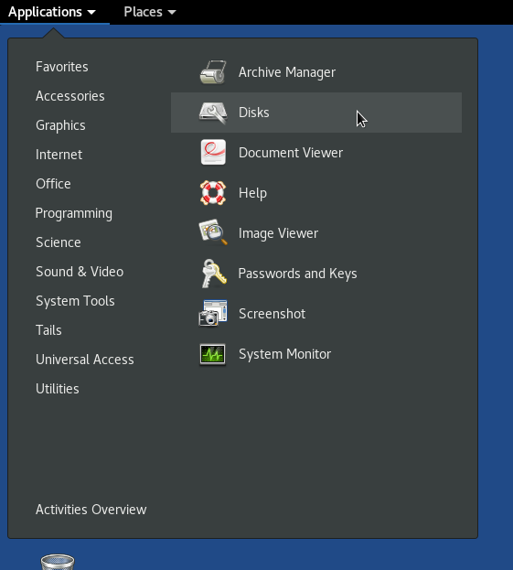 screenshot of the Applications menu in Tails, highlighting Disk Utility