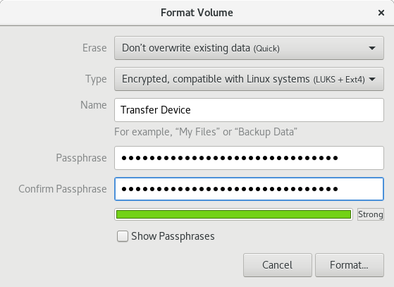 screenshot of passphrase selection prompt in the Disk Utility application