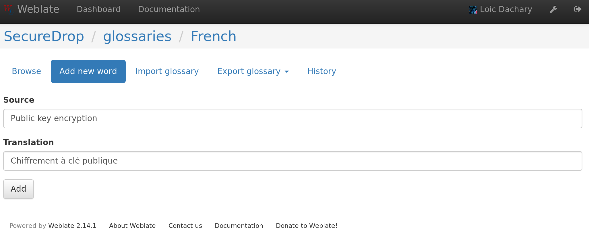 Weblate glossary add page screenshot