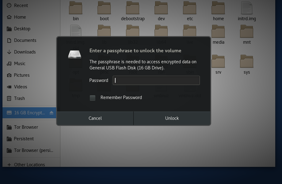 image of the disk unlock prompt on Tails