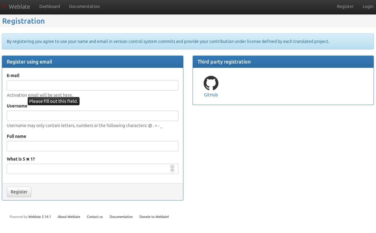 Weblate registration page screenshot