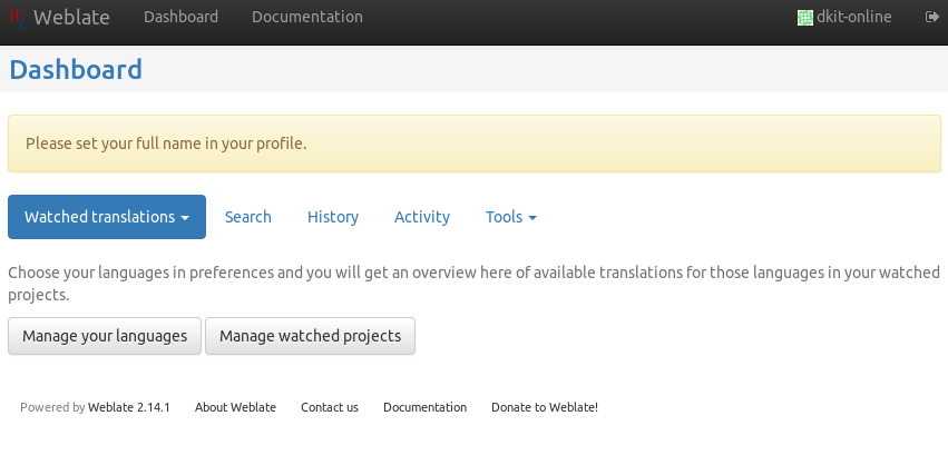 Weblate dashboard screenshot